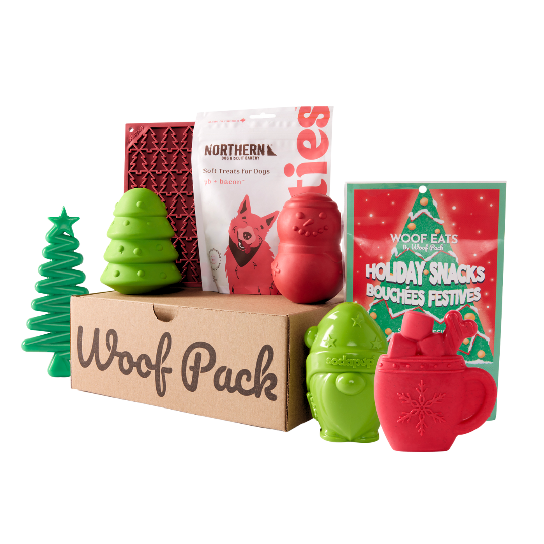 Woof Pack Durable Holiday Box – 6 Durable Toys & 2 Healthy Treats