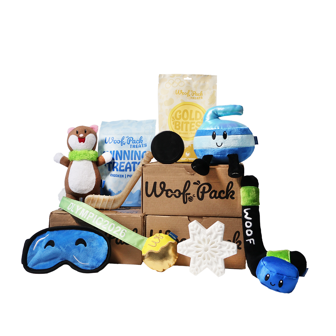 Woof Pack Combo Olympics Box – Plush & Durable Toy Mix + 2 Treats